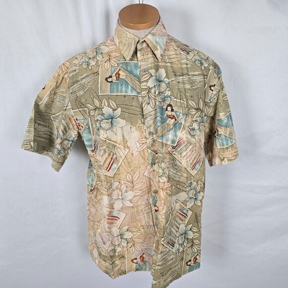 Campia Moda Shirt Men's M Tan Floral Surfs Up Hawaiian Button Down Short Sleeve - Picture 1 of 16